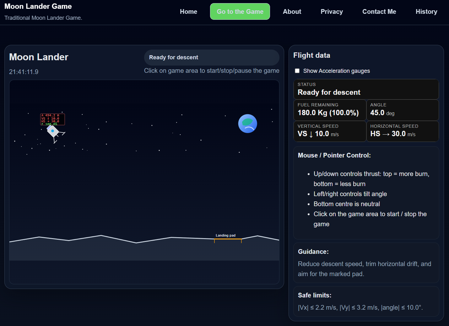 Moon Lander game screen